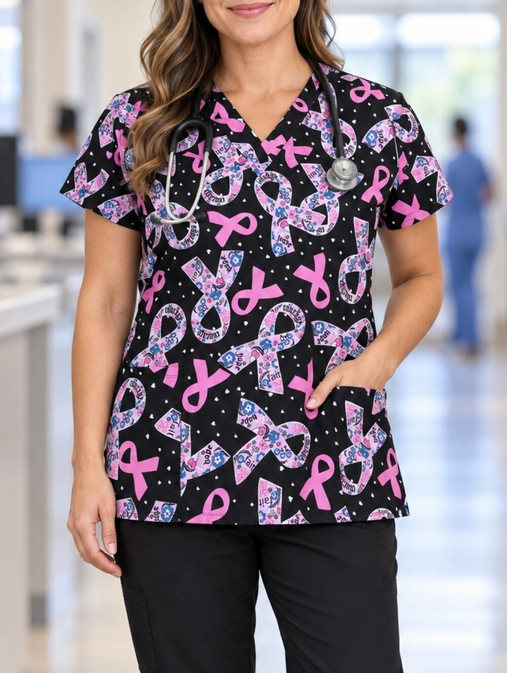Cassandra O Breast Cancer Awareness Scrub Top M Pink Ribbon Nurse